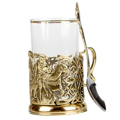 Russian Horses Troika Podstakannik Glass Holder Set with Glass and Spoon, Brass