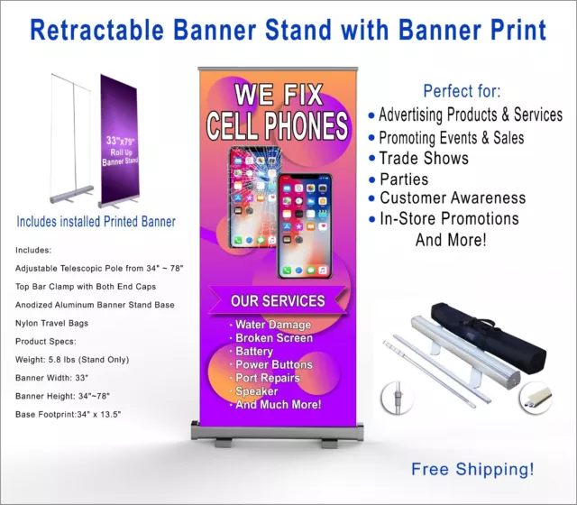 We Fix Cell Phones Retractable Roll Up Banner Stand with Banner Print