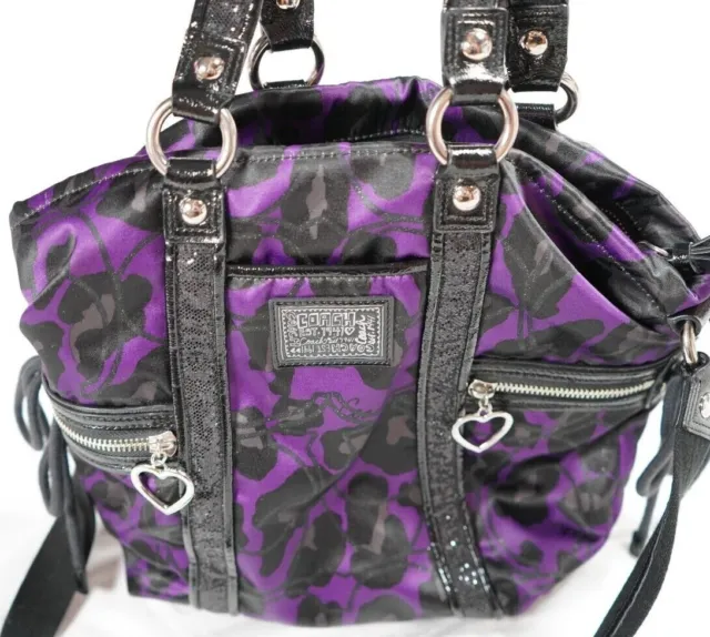 Black & Purple COACH POPPY Daisy Ocelot Shoulder Handbag Tote Purse F20071