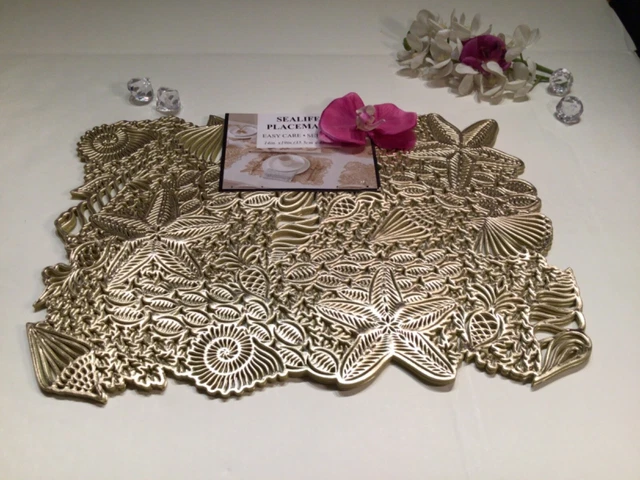benson Mills Placemats Vinyl Gold Coastal Seashell 4 PC Set  13x19