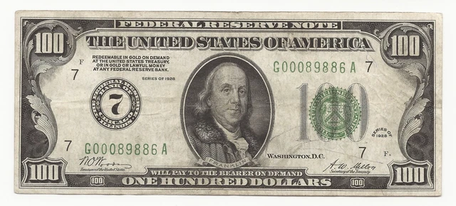 1928 $100 Dollar Bill Federal Reserve Note FRN Chicago Gold Clause 886A-ICNA