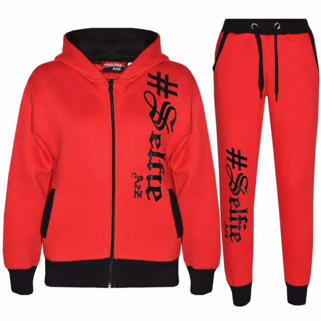 Kids #SELFIE Red Tracksuit Hoodie Sweatpants Zipper Joggers Set Girls Boys