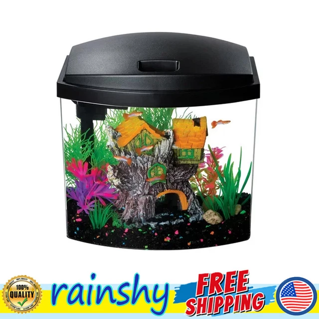 2.5 Gallon Aquarium Starter Kit Glass Plants Fish Tank Black Hood Small Office