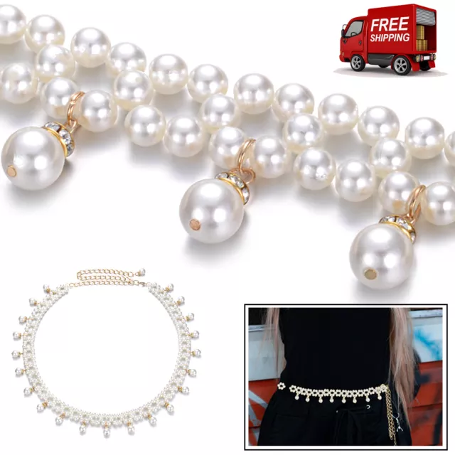 Women Ladies Waist Belt Gold Chain with Artificial Pearls Waistband for Dress