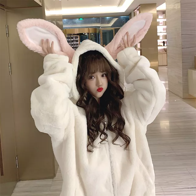 Fashion Cute Ears Hooded Jackets Lolita Kawaii Womens Winter Warm Fleece Coats