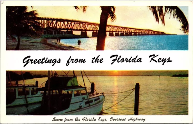 Greetings From Florida Keys Scene Overseas Hwy FL Dual View Postcard UNP VTG