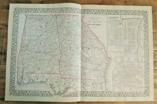 Antique Colored MAP - COUNTY MAP OF THE STATES OF GEORGIA & ALABAMA - 1880