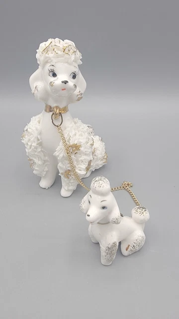 VINTAGE NAPCO WHITE SPAGHETTI FRENCH POODLE WITH PUPPY GOLD Trim JAPAN C-5898