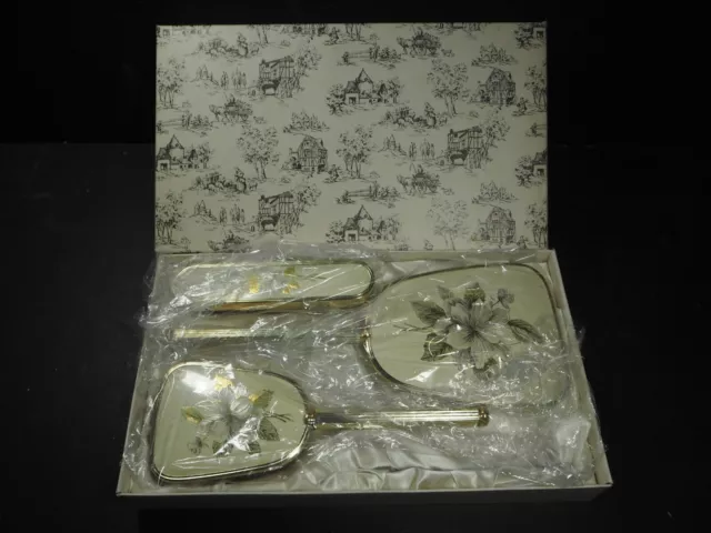 Vintage Vanity Dressing Table Set Mirror and Hair Brushes Floral boxed