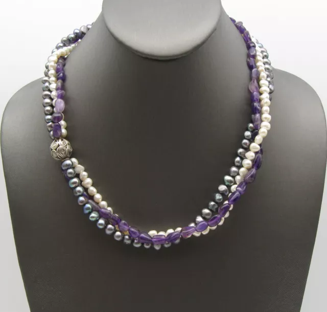 Sterling Silver Peacock White Freshwater Pearl Amethyst Multi Strand Necklace