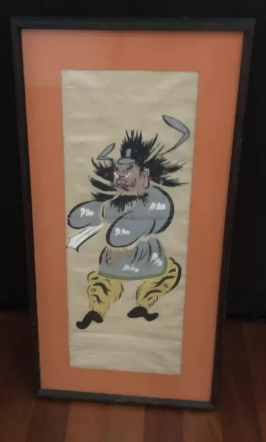 Vintage Otsu-e Woodblock Print Japanese Warrior Folk Art Framed Mat Under Glass