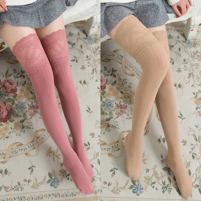 Bas Chaussettes Dentelle Sur Genou Coton Sexy Long Bordure Femmes Filles ✿