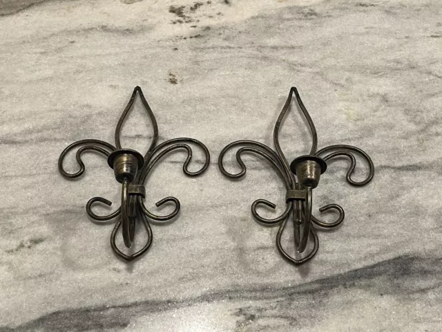 French Country Forge Wrought Metal Antique Brass Wall Candle Holder Sconce Two
