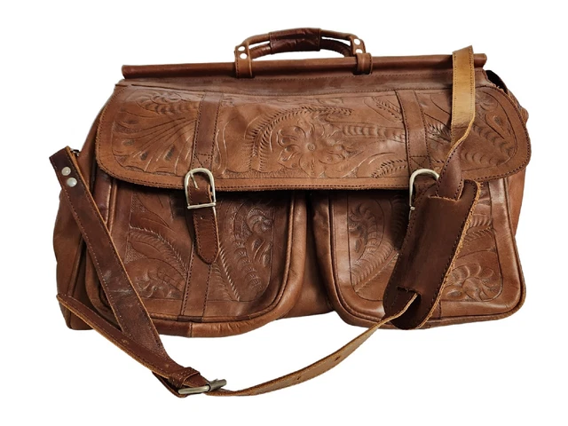 Vintage 'Leaders In Leather' Large Tooled Leather Duffle, Weekend Bag