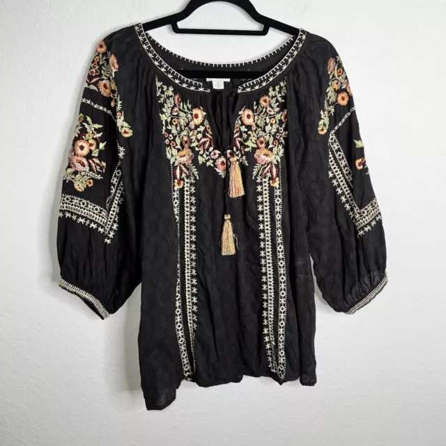 Sundance Women Medium Black Embroidered Floral Tassel Top Blouse Shirt DD