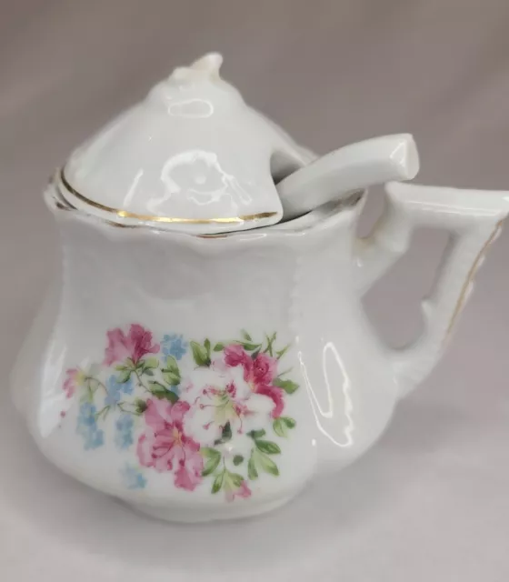 Vintage Delicate Porcelain Sugar Bowl Pink&Blue Flowers~Notched Lid W/ Spoon~