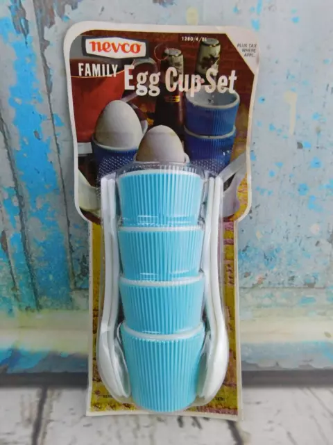 Vintage Nevco Family Egg Cup Set of 4 w/ Spoons Blue Retro NOS NEW