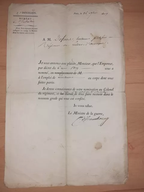 Brief vom Büro der 2. Division an Leutnant De Frens  1806