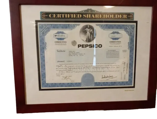 The PEPSI PEPSICO  Company  original collectible Pepsi stock certificate & FRAME