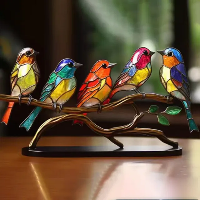 Stained Acrylic Birds Ornament Metal Birds-On-Branch Suncatcher Home Desk Decor