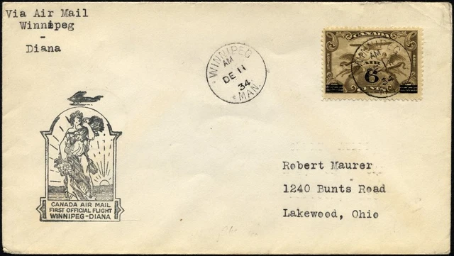 CANADA 169 LETTER, 11.12.1934, First Flight WINNIPEG-DIANA (Part Stage), Magnificent Letter