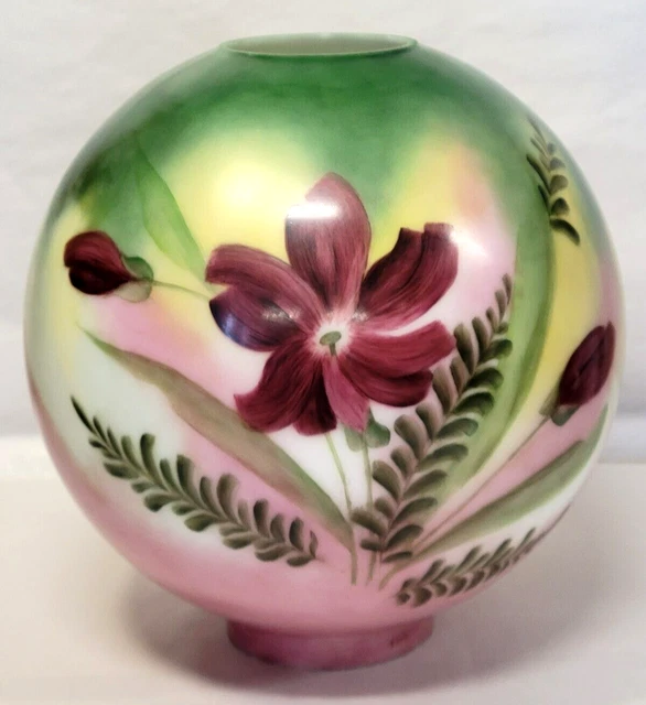 Antique SIGNED Painted 11" Glass Ball Shade GWTW Parlor Lamp Flowers 4" fitter