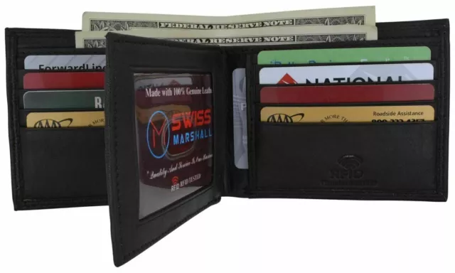RFID Blocking Mens Genuine Leather Black Flap Credit Card ID Holder Slim Bifold