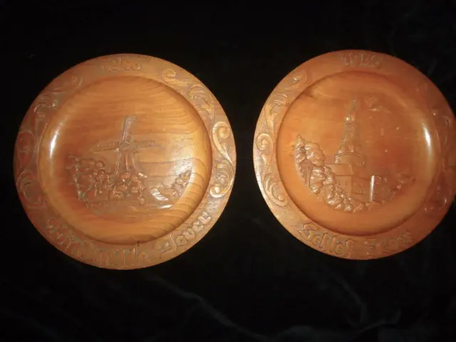 2 x German hand-carved wooden wall plates Jever castle & windmill 1946 folk art