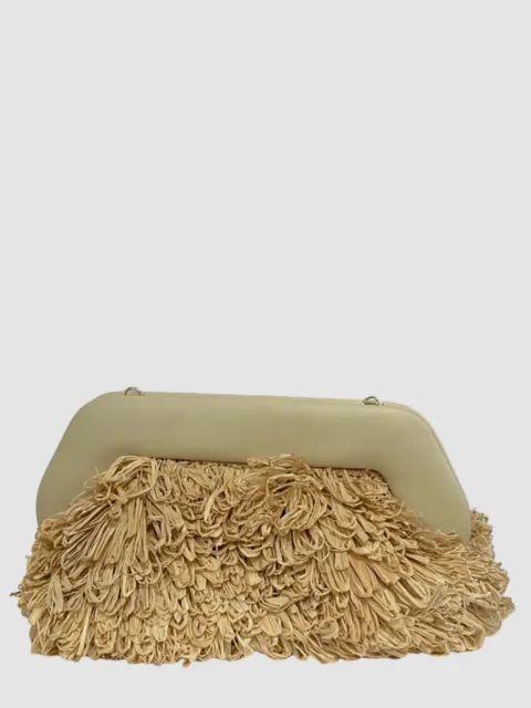 $610 THEMOIRE Women's Beige Bios Curly Straw Fringe Clutch Purse Bag