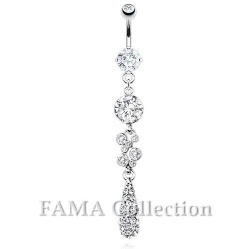 FAMA Tear Droplets with Multi Paved CZ Navel Belly Ring 316L Surgical Steel