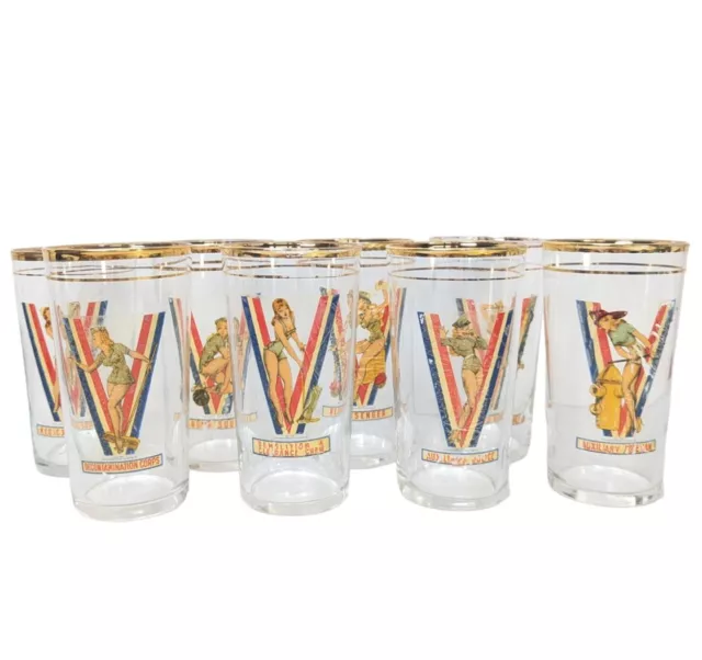 Vintage WWII V for Victory Pin Up Girls Glasses Set of 8 Cups