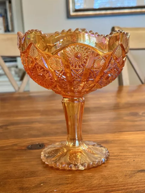 Vintage Imperial Carnival Glass Hobstar Marigold Pedestal Compote Candy Dish
