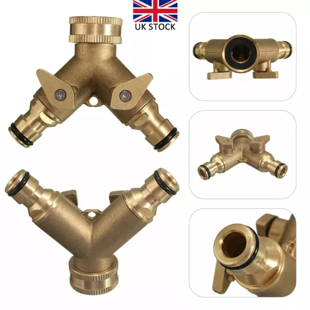 Garden Two Way Double Tap Connector Brass Watering Hose Pipe Faucet Splitter UK