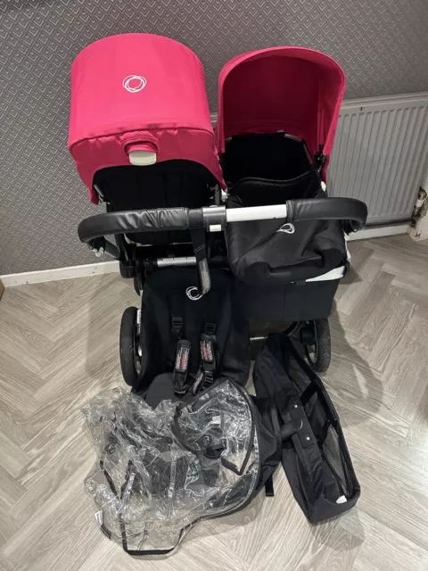 Bugaboo Donkey Duo Pushchair Pram Double Buggy With Hot Pink Hoods