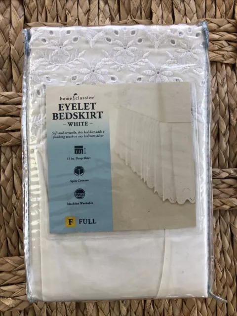 NWT HOME CLASSICS Full Eyelet Bedskirt White Cotton Blend (54x75) 15” Drop