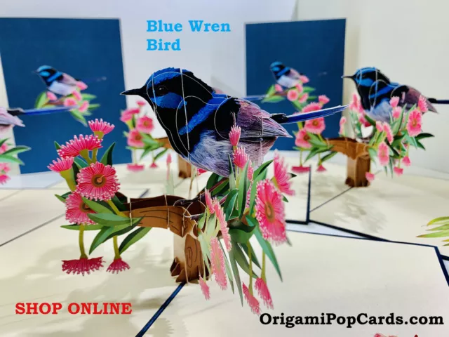 Origami Pop Cards Blue Wren Aussie Bird 3D Pop Up Greeting Card Happy Birthday