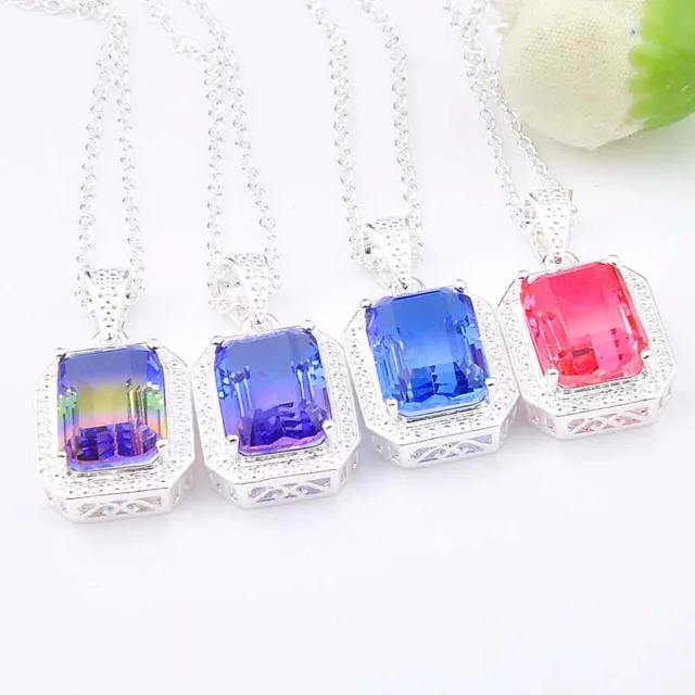 4 pcs Rectangle Rainbow Mystic Topaz Amethyst Citrine Silver Necklace Pendants