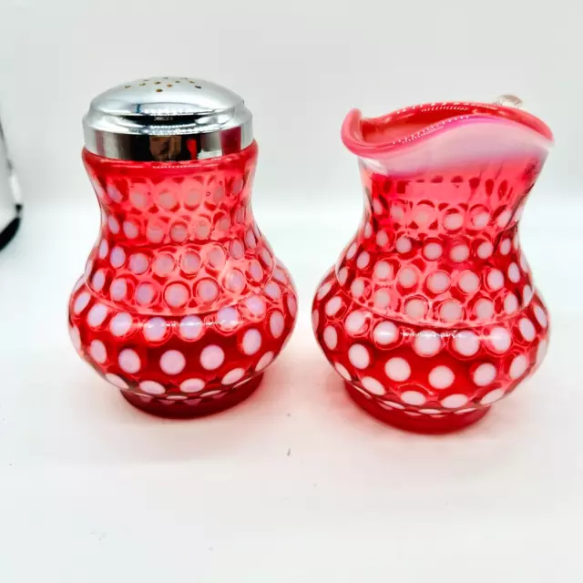 Fenton Glass Polka Dot Cranberry Opalescent Sugar Shaker & Creamer Set 3