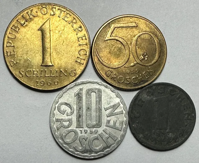 Austria Lot 4 Coins 1947-1960:  1 Schilling + 50, 10, 1 Groschen