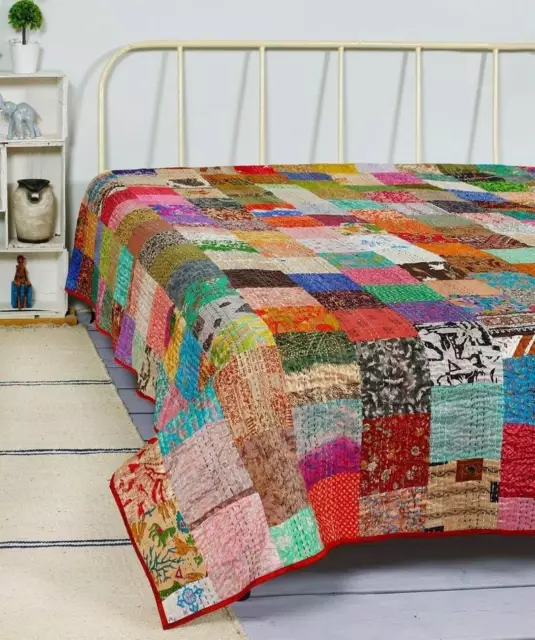 Indian Kantha Quilt Handmade Patchwork Reversible Queen Bedspread Blanket Throw~