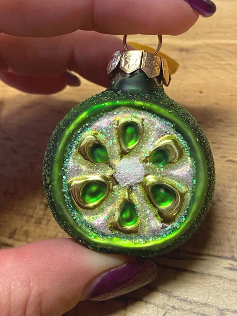Lime Shaped Glass Christmas Ornament Green Glitter 2" NOS