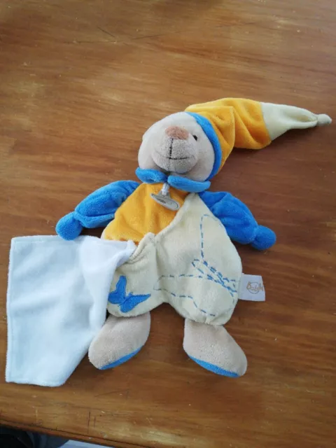 Doudou Peluche Babynat Ours Bleu Jaune Orange Mouchoir Papillon bonnet pointillé