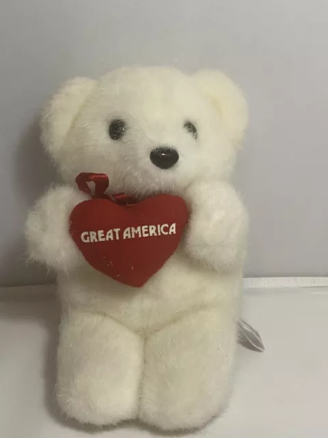 Six Flags Great America Plush White Bear Holding Heart 9” Vintage Stuffed Animal