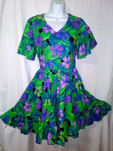 Vtg Green Purple Floral Sz S Handmade Full Skirt Square Dance Dress Neck Tie~VB