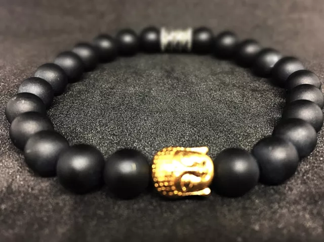 Onyx Noir Mat Bracelet de Perles Tête de Bouddha Or 8mm