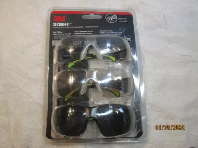 3M SecureFit 400 Series Black/Neon Green Frame Anti-Fog Lens Safety Eyewear 3pk