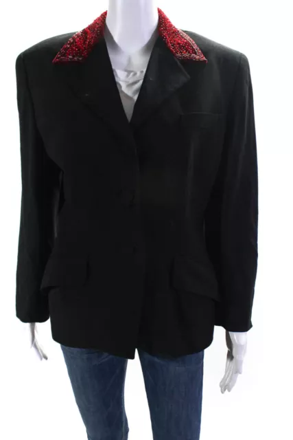 DKNY Womens Three Button Velvet Beaded Trim Blazer Jacket Black Wool Size 10