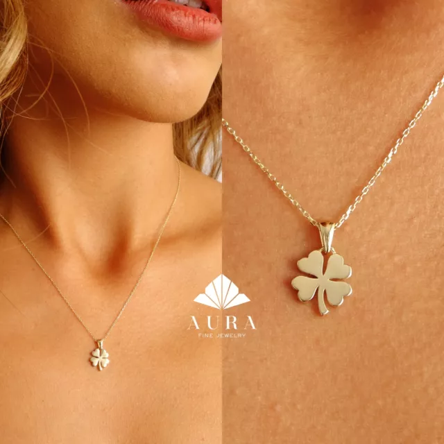 14K Gold Clover Necklace, Four Leaf Pendant, Shamrock Necklace, Good Luck Charm