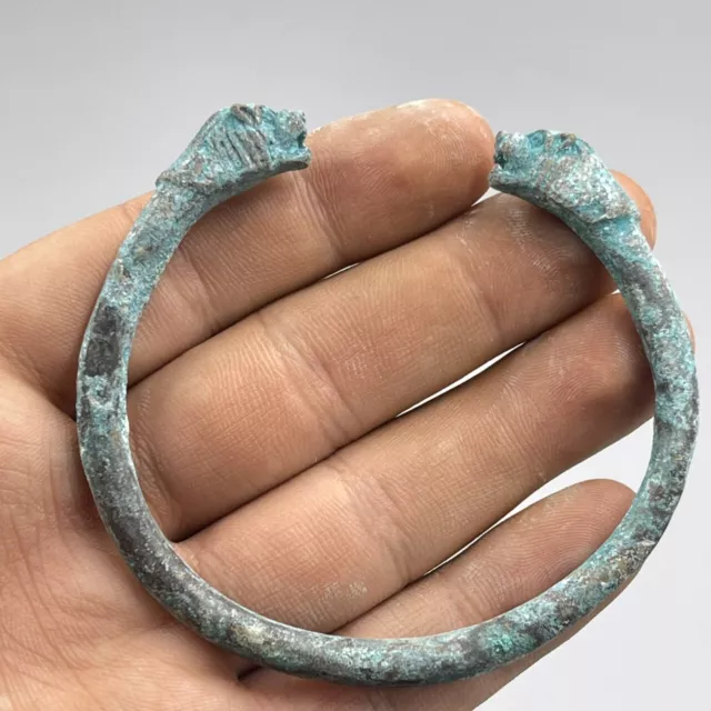 Unique Ancient Roman Patina Bronze Bangle Bracelet With Twin Lion Heads