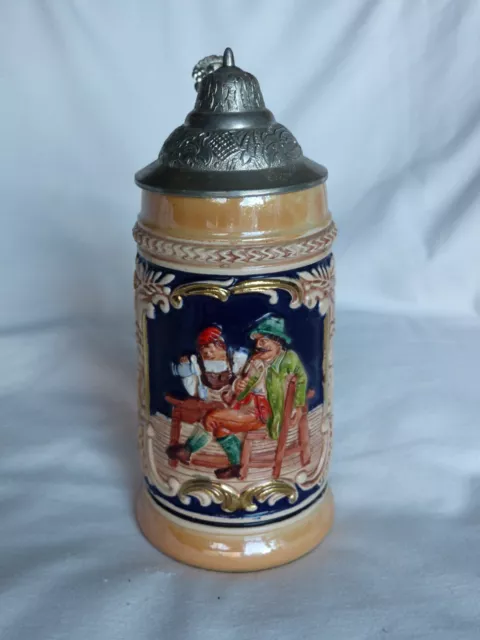 Vintage German Ceramic Hinged Lid Beer Stein 'Froh beim Bier, das lieben wir'